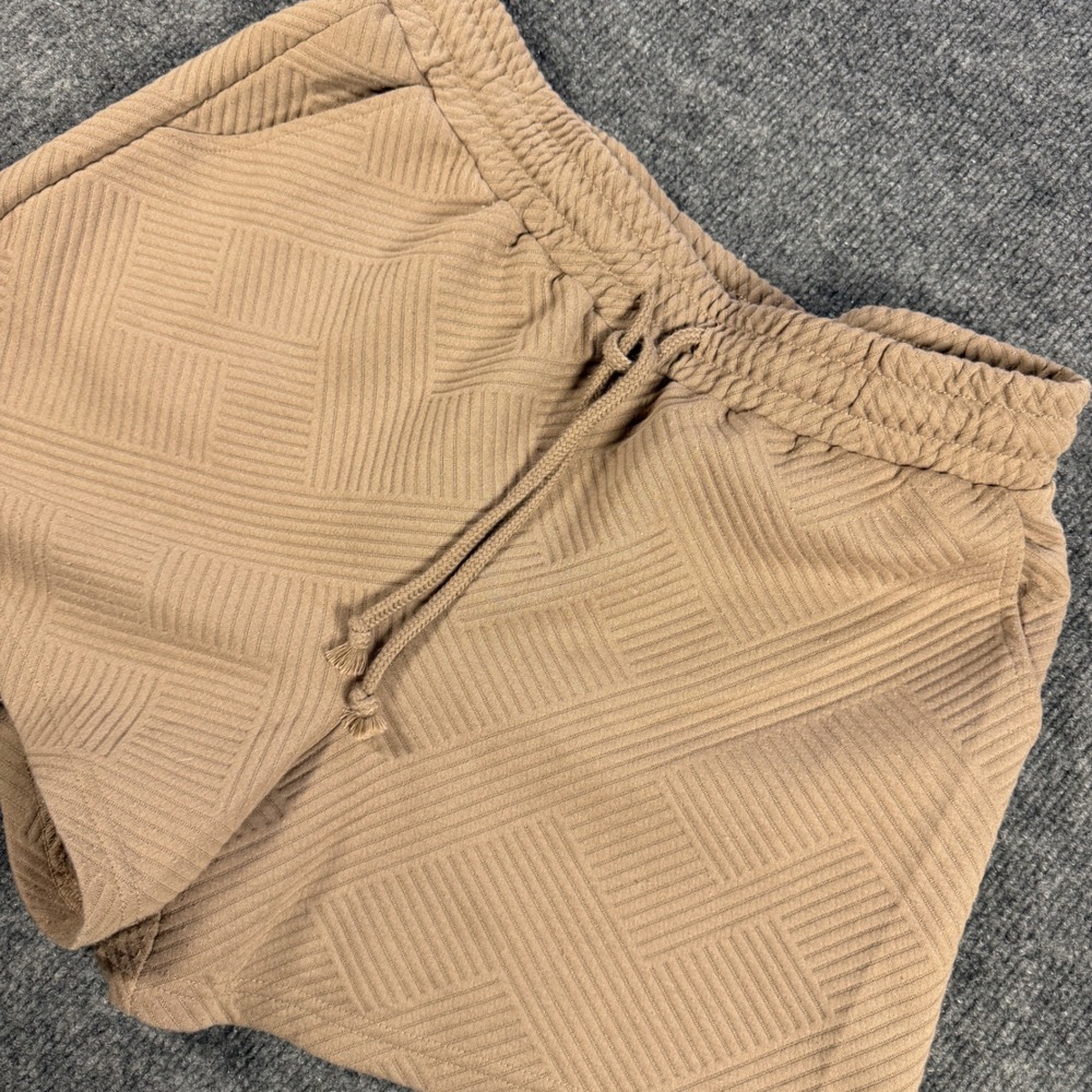 Ebb & Flow Geometric Textured Knit Drawstring Shorts Tan Size Medium Athleisure